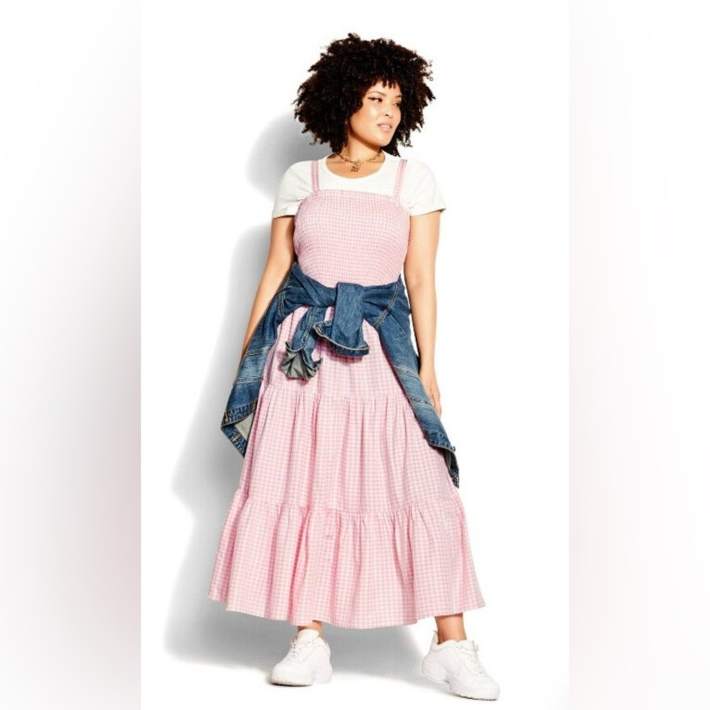 NWT City Chic Pink White Gingham Maxi Tiered Dress Size 18 - Picture 2 of 9